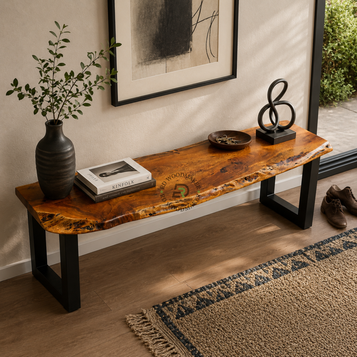 PREMIUM LIVE-EDGE SOLID WOOD BENCH WITH BLACK METAL U-LEGS