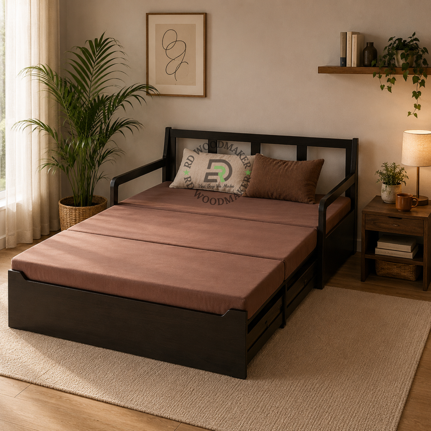MULTIFUNCTIONAL WOODEN SOFA CUM PULL-OUT BED WITH CUSHIONS