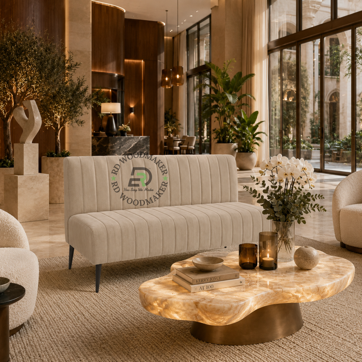 MODERN BEIGE VERTICAL CHANNEL UPHOLSTERED THREE-SEATER SOFA