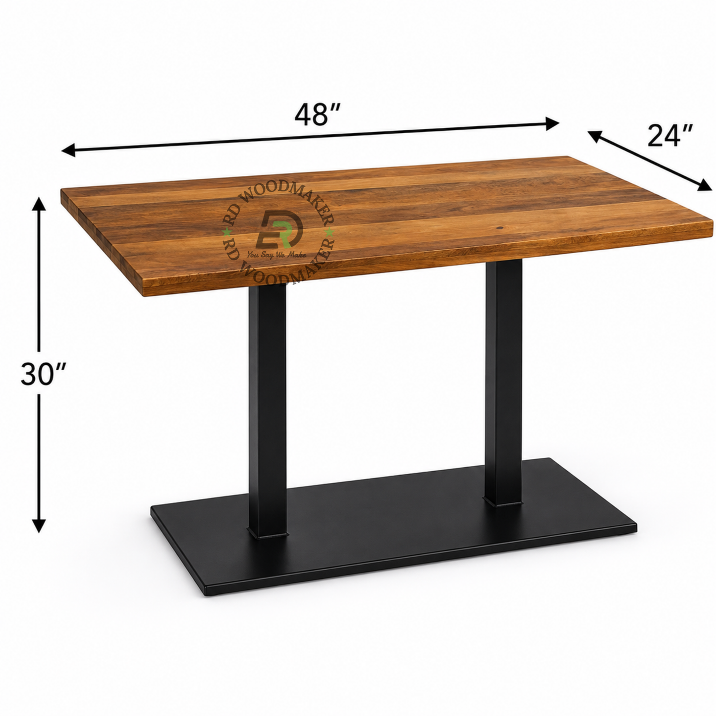 RECTANGULAR WOODEN DINING TABLE WITH DOUBLE METAL PEDESTAL BASE