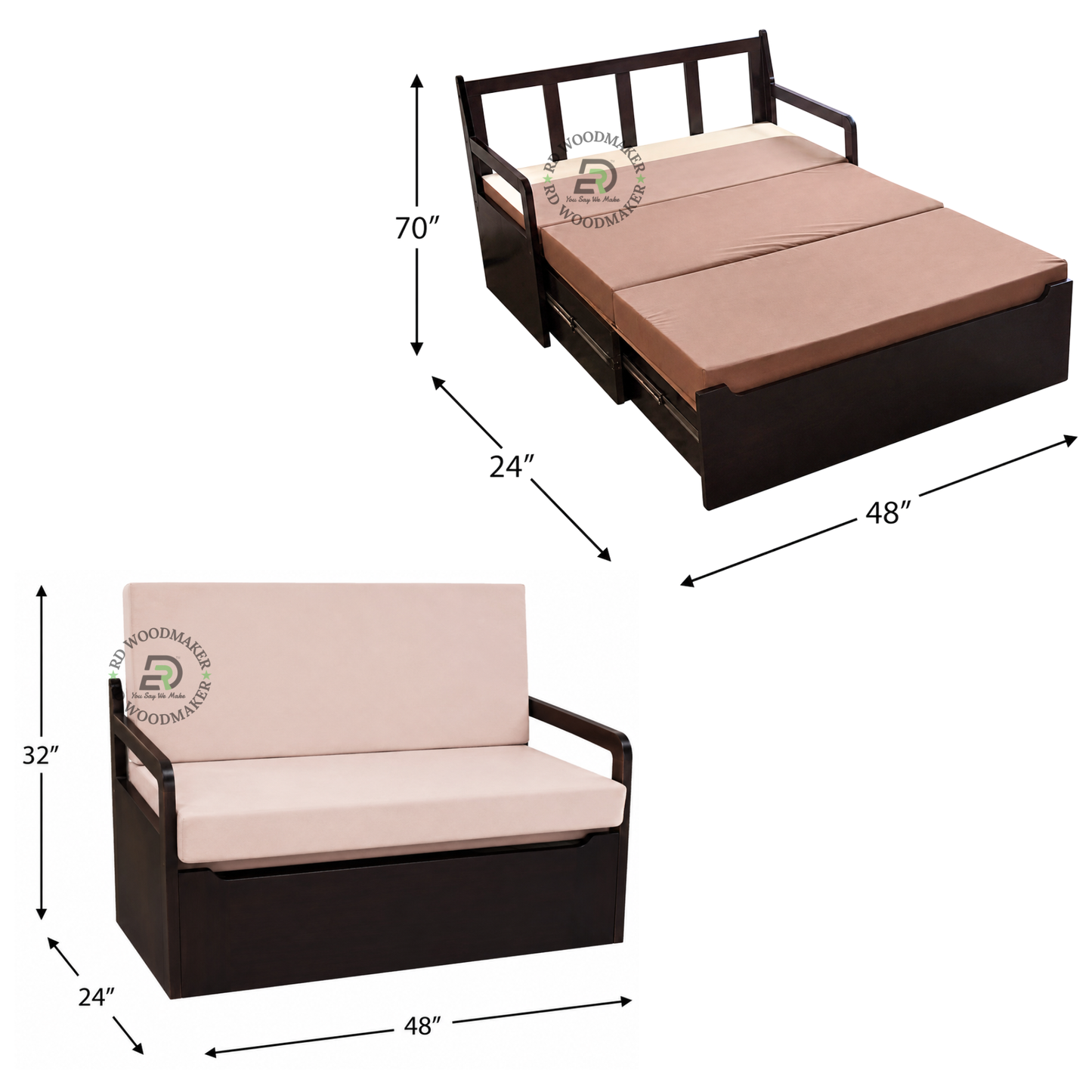 MULTIFUNCTIONAL WOODEN SOFA CUM PULL-OUT BED WITH CUSHIONS