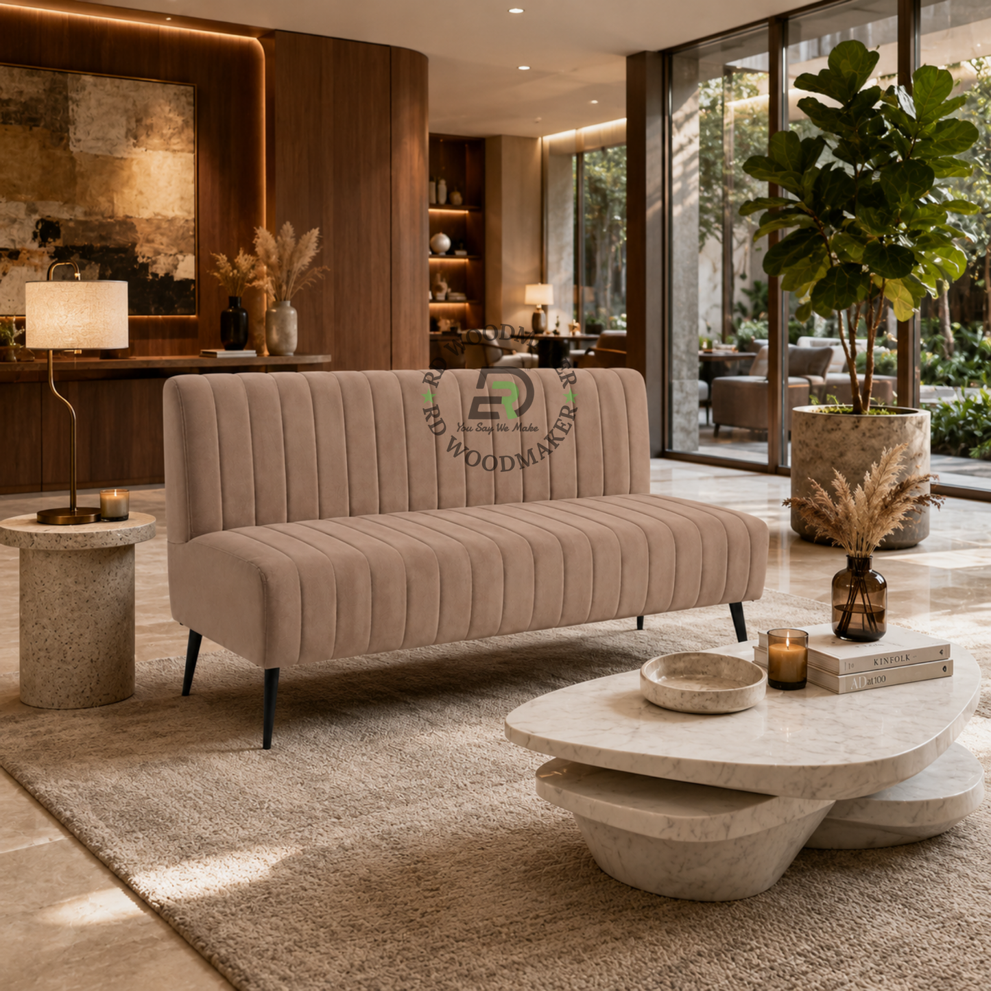 MODERN BEIGE VERTICAL CHANNEL UPHOLSTERED THREE-SEATER SOFA