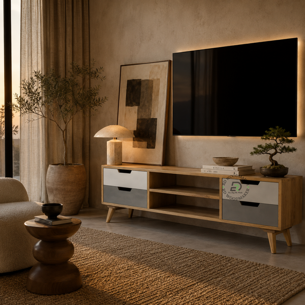 MODERN SOLID WOOD TV UNIT WITH 4 DRAWERS & OPEN SHELVES