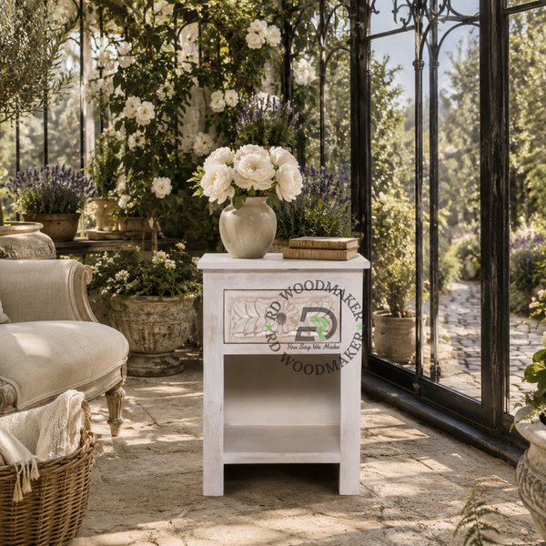 FLORAL CARVED WHITE WOOD BEDSIDE TABLE