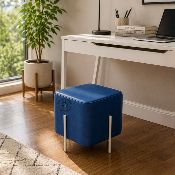 MODERN UPHOLSTERED SQUARE OTTOMAN STOOL WITH METAL LEGS