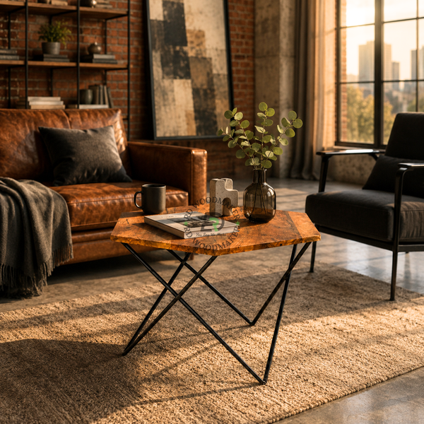 MODERN GEOMETRIC SOLID WOOD COFFEE TABLE WITH METAL LEGS