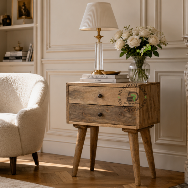 MODERN SOLID WOOD 2 DRAWER BEDSIDE TABLE