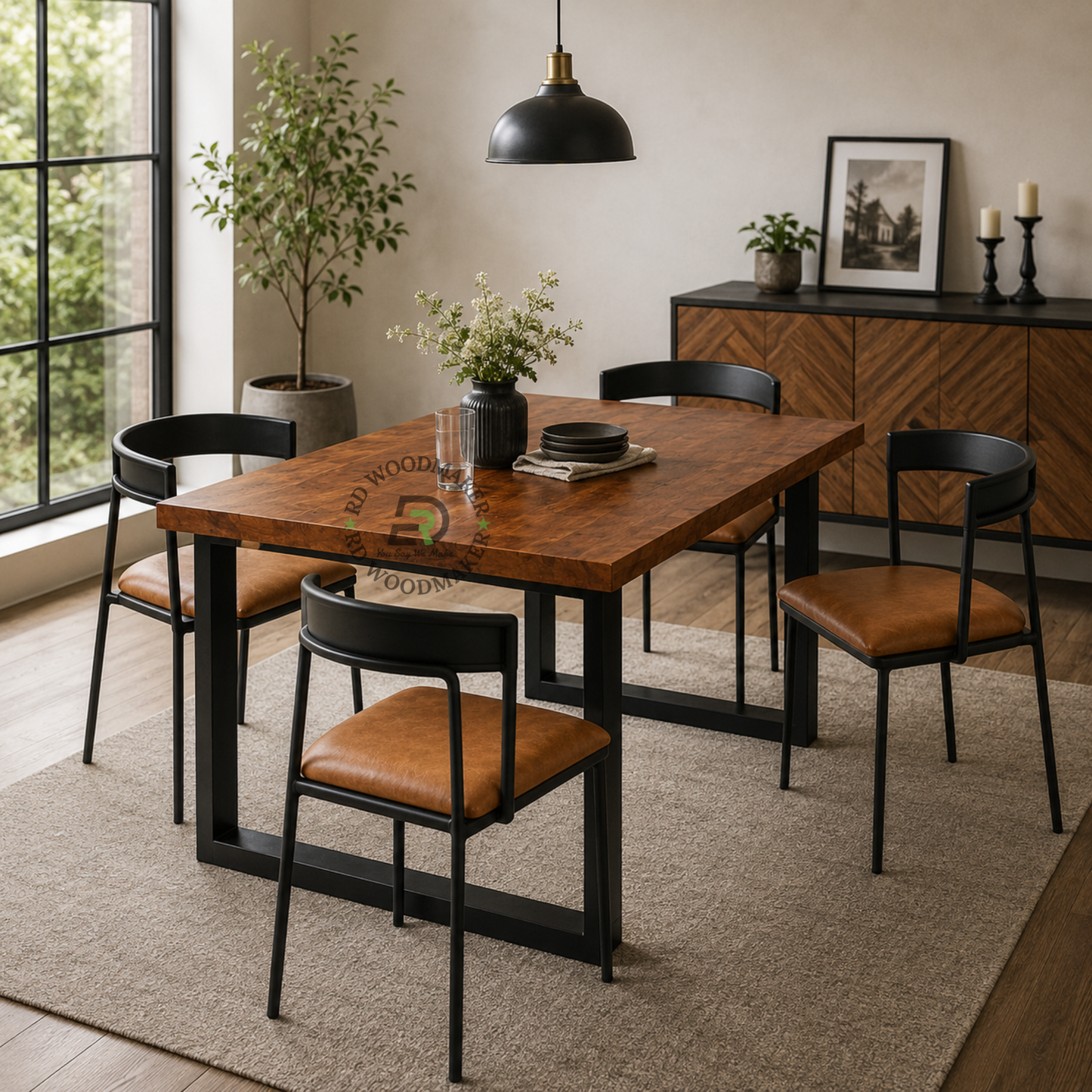 INDUSTRIAL WOOD & BLACK METAL DINING TABLE WITH CUSHIONED ARMCHAIR SET