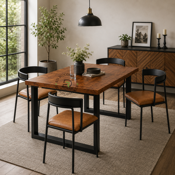 INDUSTRIAL WOOD & BLACK METAL DINING TABLE WITH CUSHIONED ARMCHAIR SET
