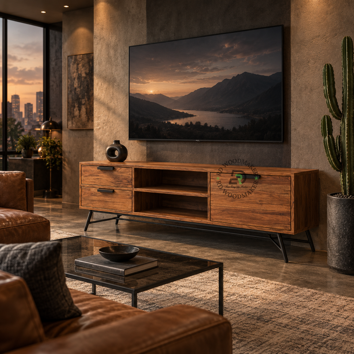 KORVIN SLATTED WOOD TV UNIT WITH BLACK METAL FRAME