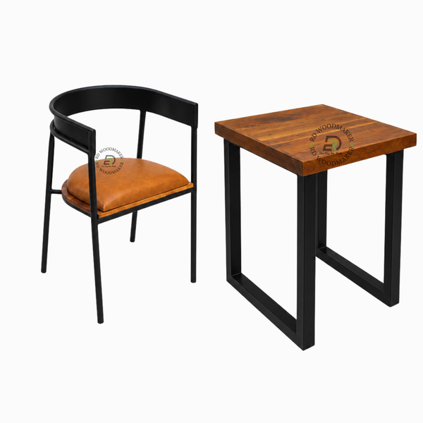 COMPACT SQUARE WOOD & BLACK METAL TABLE WITH CUSHIONED ARMCHAIR SET