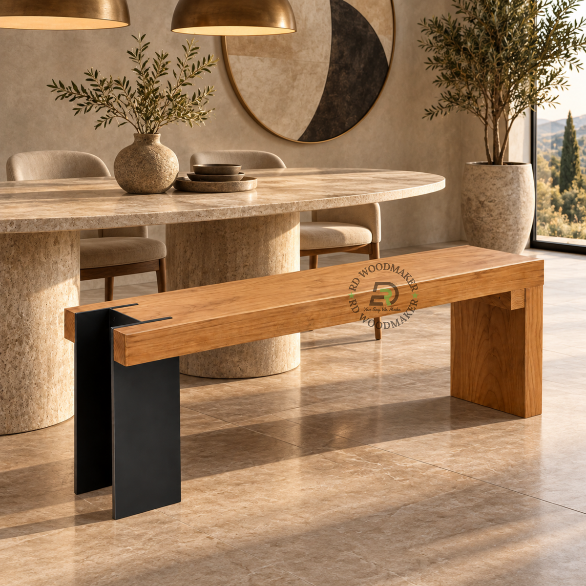 KAIRO ASYMMETRIC SOLID WOOD & BLACK METAL BENCH