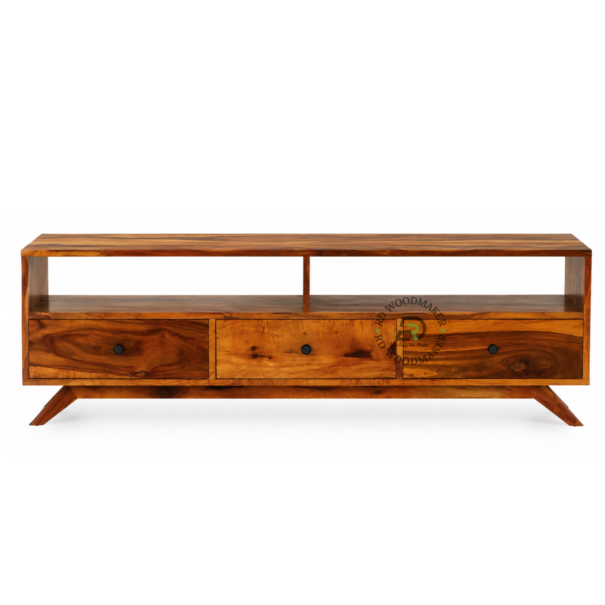 ELVAN SOLID WOOD TV UNIT WITH OPEN SHELF & THREE DRAWERS