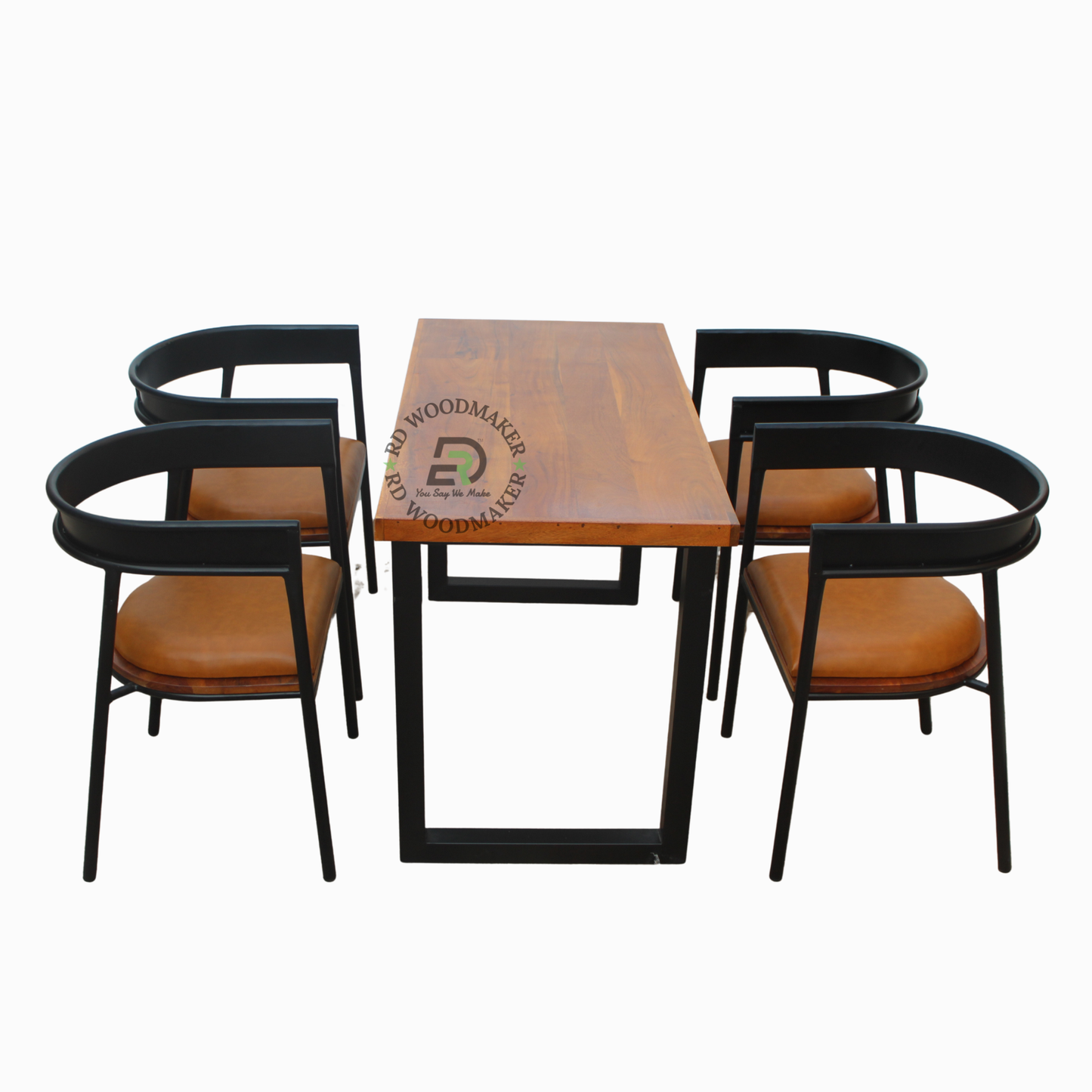 COMPACT SQUARE WOOD & BLACK METAL TABLE WITH CUSHIONED ARMCHAIR SET