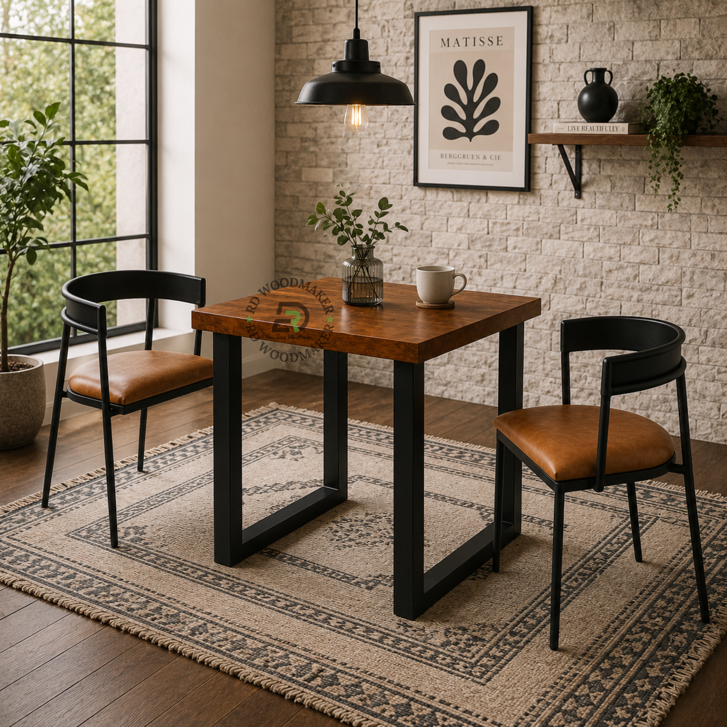 COMPACT SQUARE WOOD & BLACK METAL TABLE WITH CUSHIONED ARMCHAIR SET