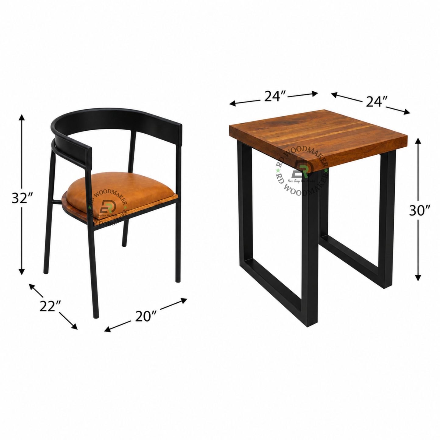 COMPACT SQUARE WOOD & BLACK METAL TABLE WITH CUSHIONED ARMCHAIR SET
