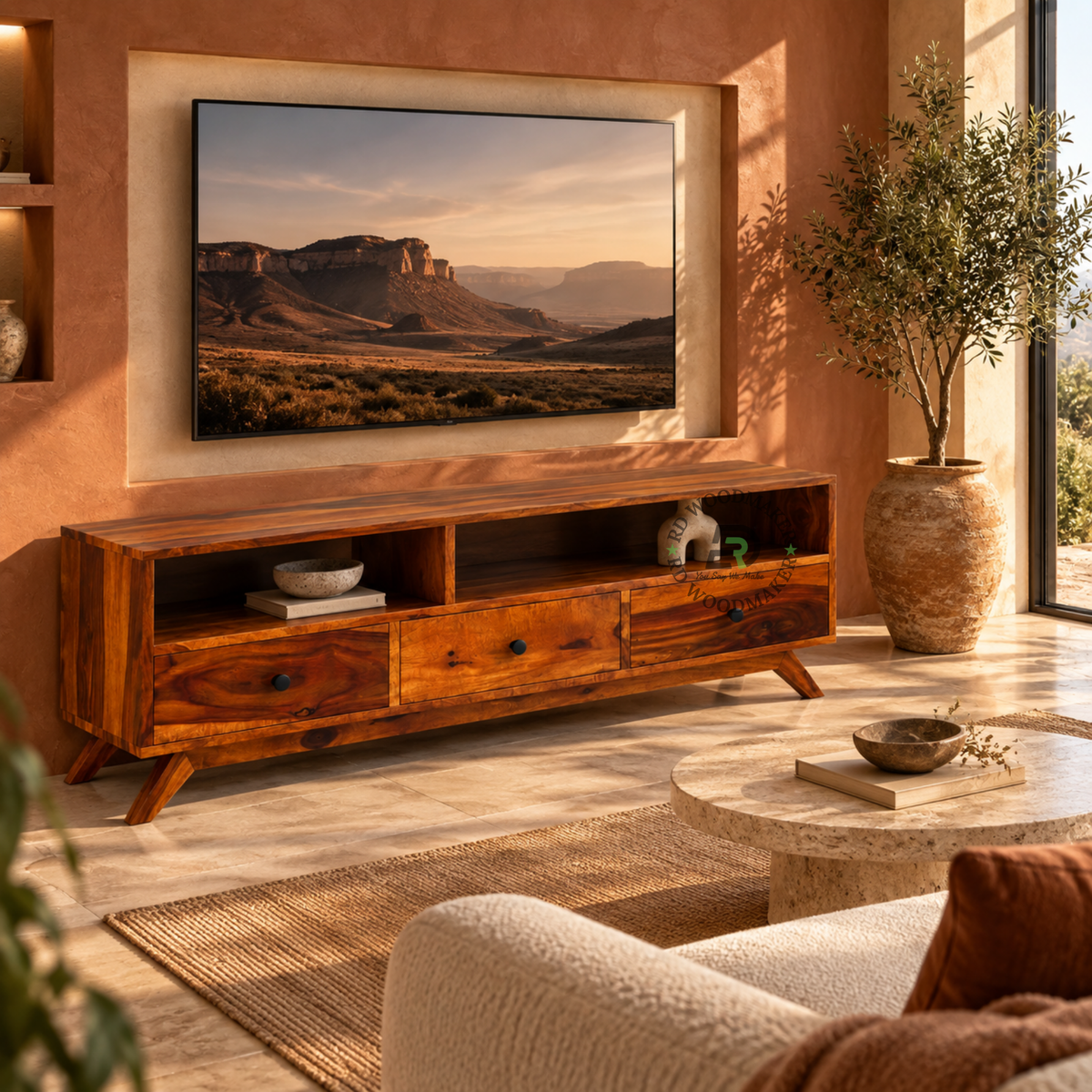 ELVAN SOLID WOOD TV UNIT WITH OPEN SHELF & THREE DRAWERS