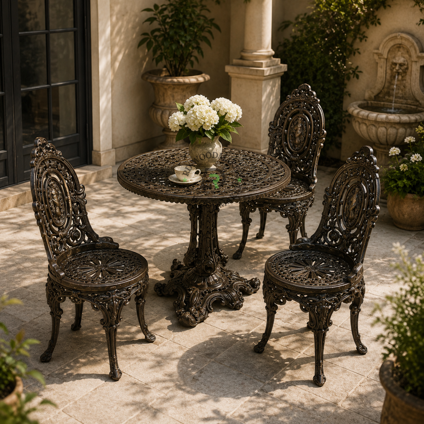 ORNATE VICTORIAN METAL PEDESTAL TABLE & DINING CHAIR SET