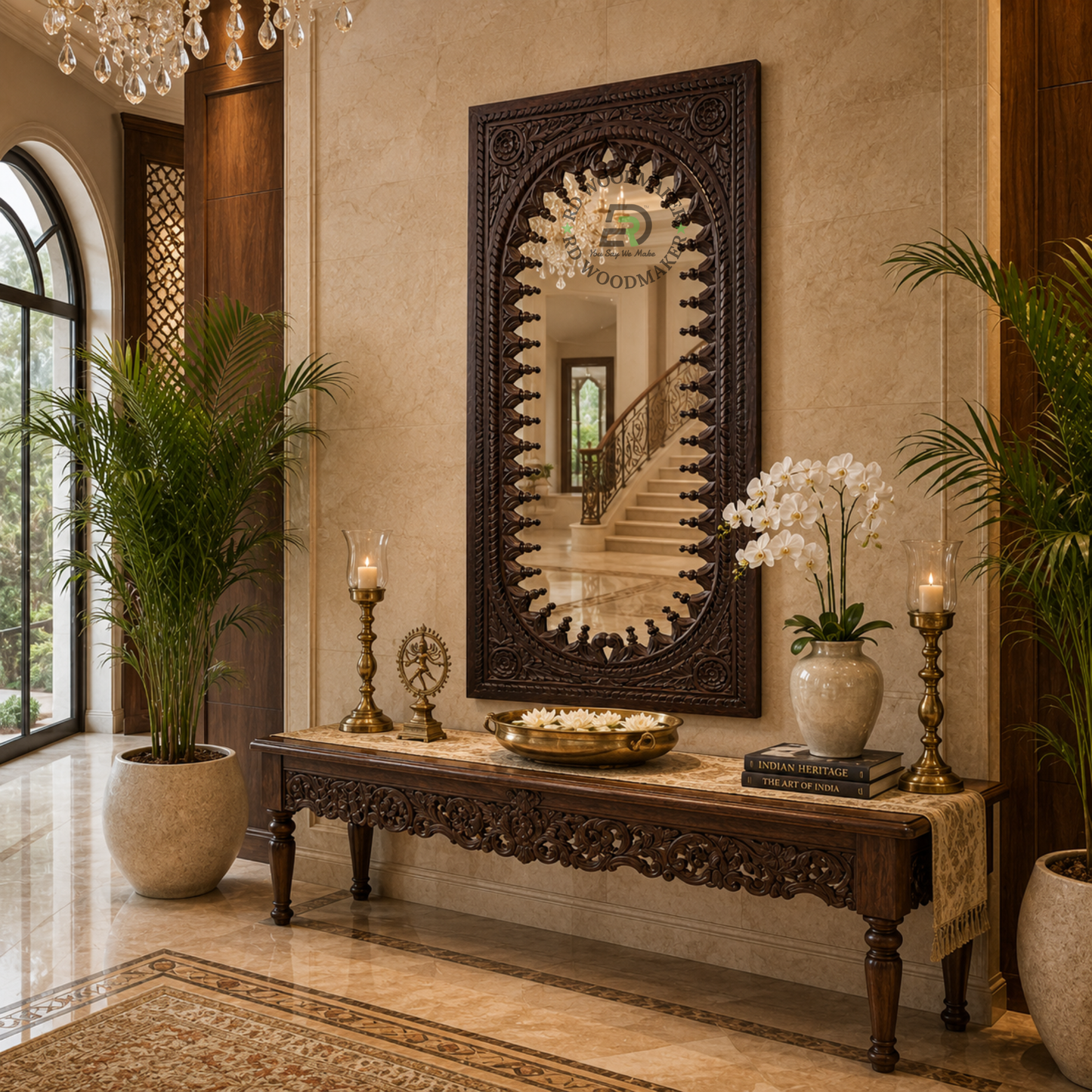 HANDCARVED ARCH FLORAL WOODEN WALL MIRROR