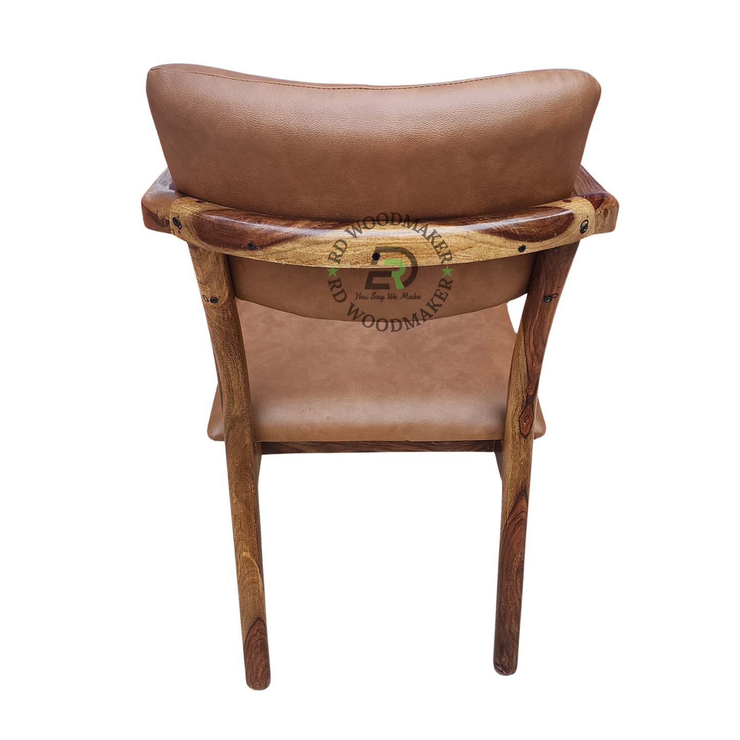 TAN LEATHERETTE WOODEN DINING ARMCHAIR
