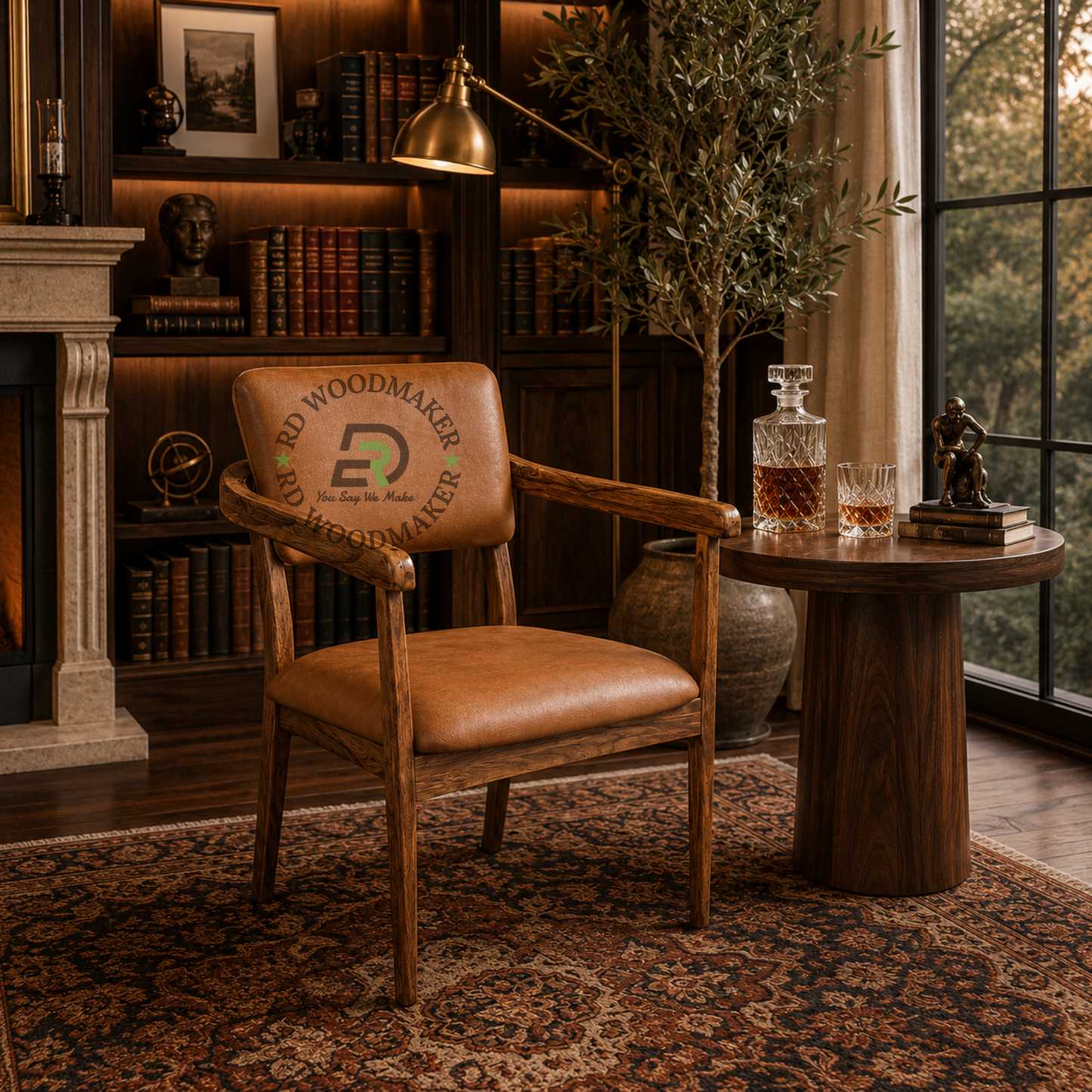TAN LEATHERETTE WOODEN DINING ARMCHAIR
