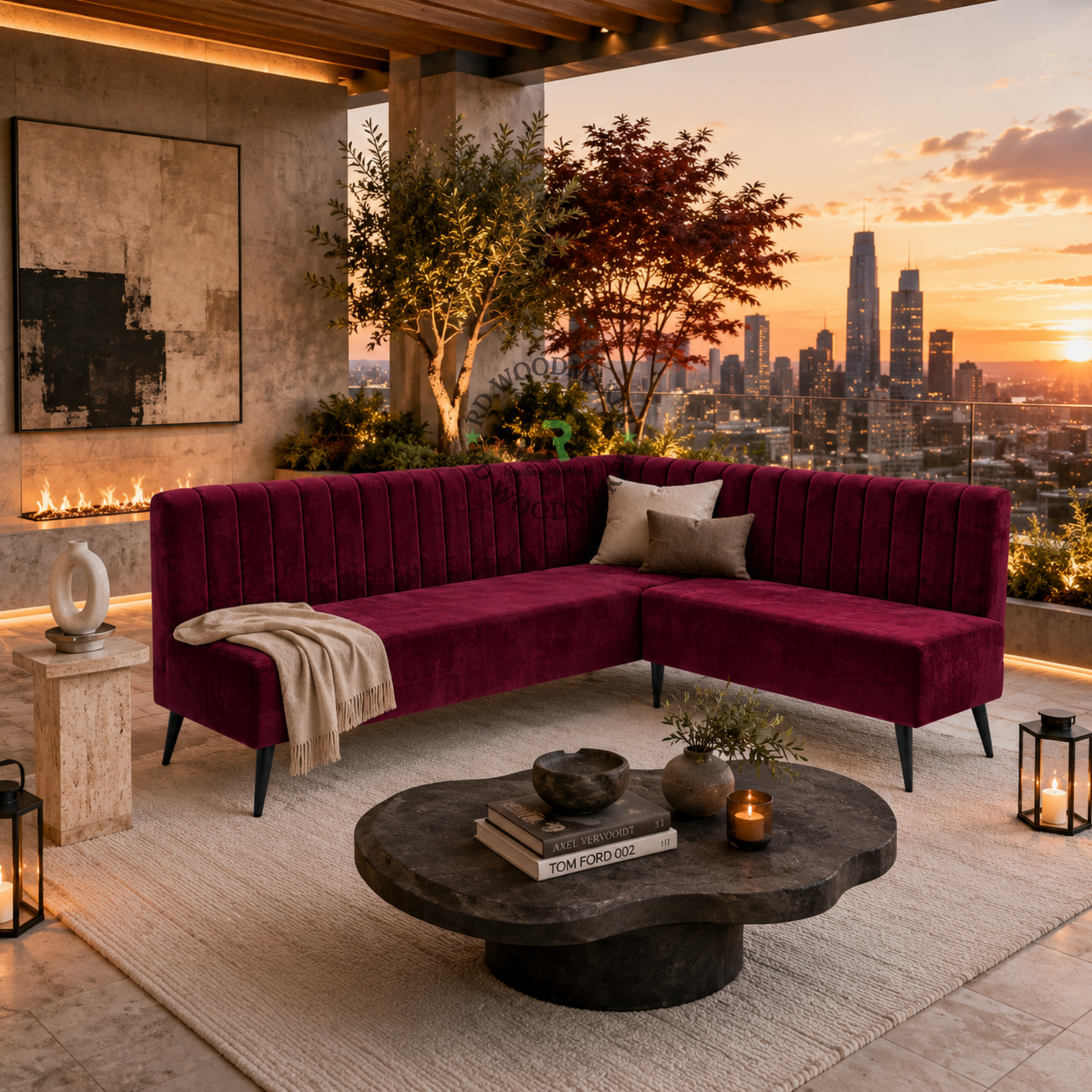 LUXURY BURGUNDY CHANNEL-TUFTED L-SHAPED CORNER SOFA