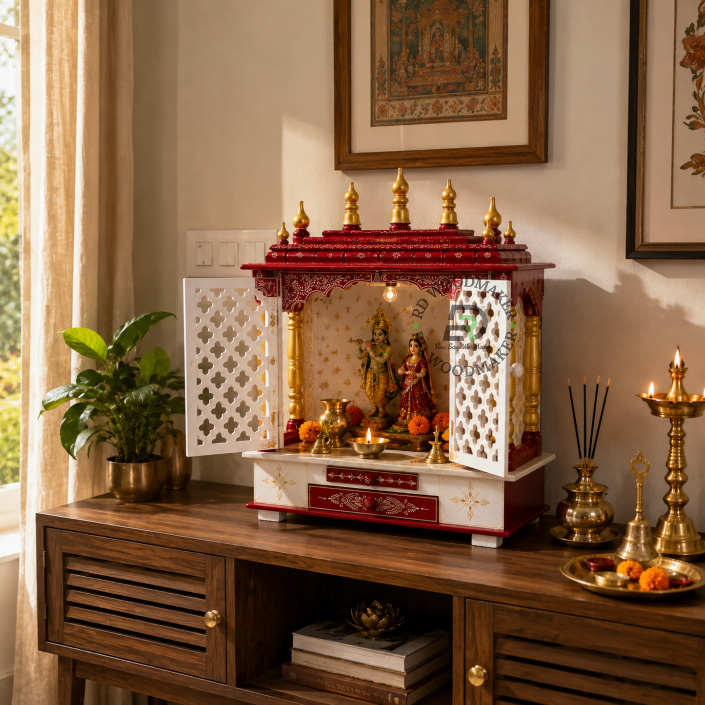 PREMIUM HAND-PAINTED RED & IVORY WOODEN HOME TEMPLE WITH JALI DOUBLE DOORS & DOUBLE STORAGE DRAWERS