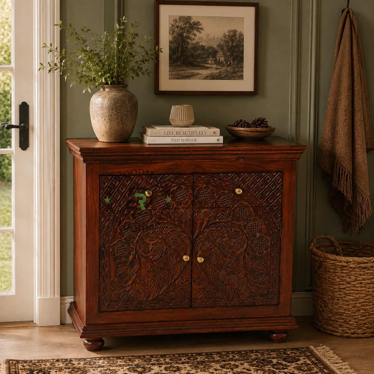 HANDCARVED ARCH FLORAL WOODEN STORAGE CABINET