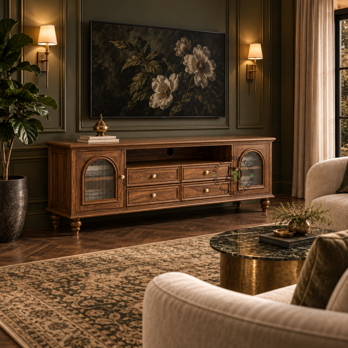 AUREL CLASSIC SOLID WOOD TV UNIT WITH ARCH GLASS CABINETS