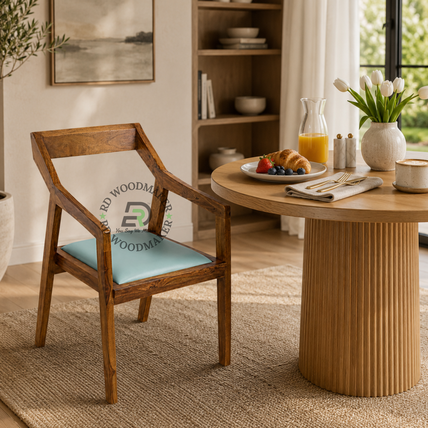 MODERN WOODEN DINING ARMCHAIR WITH AQUA CUSHION