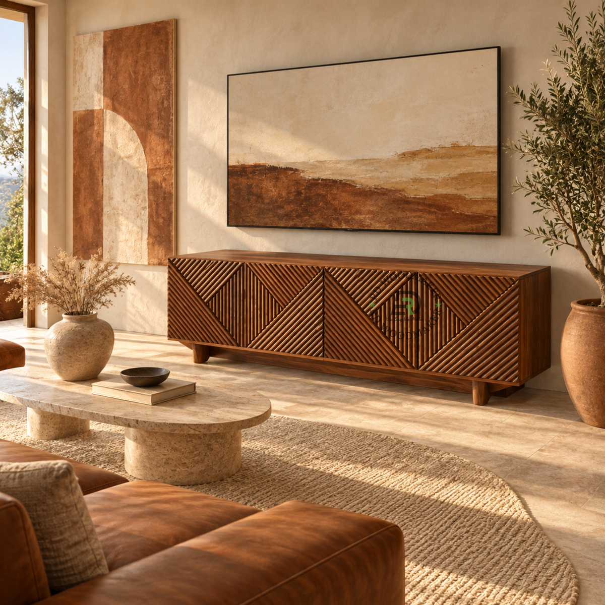 VYRON GEOMETRIC REEDED SOLID WOOD TV UNIT