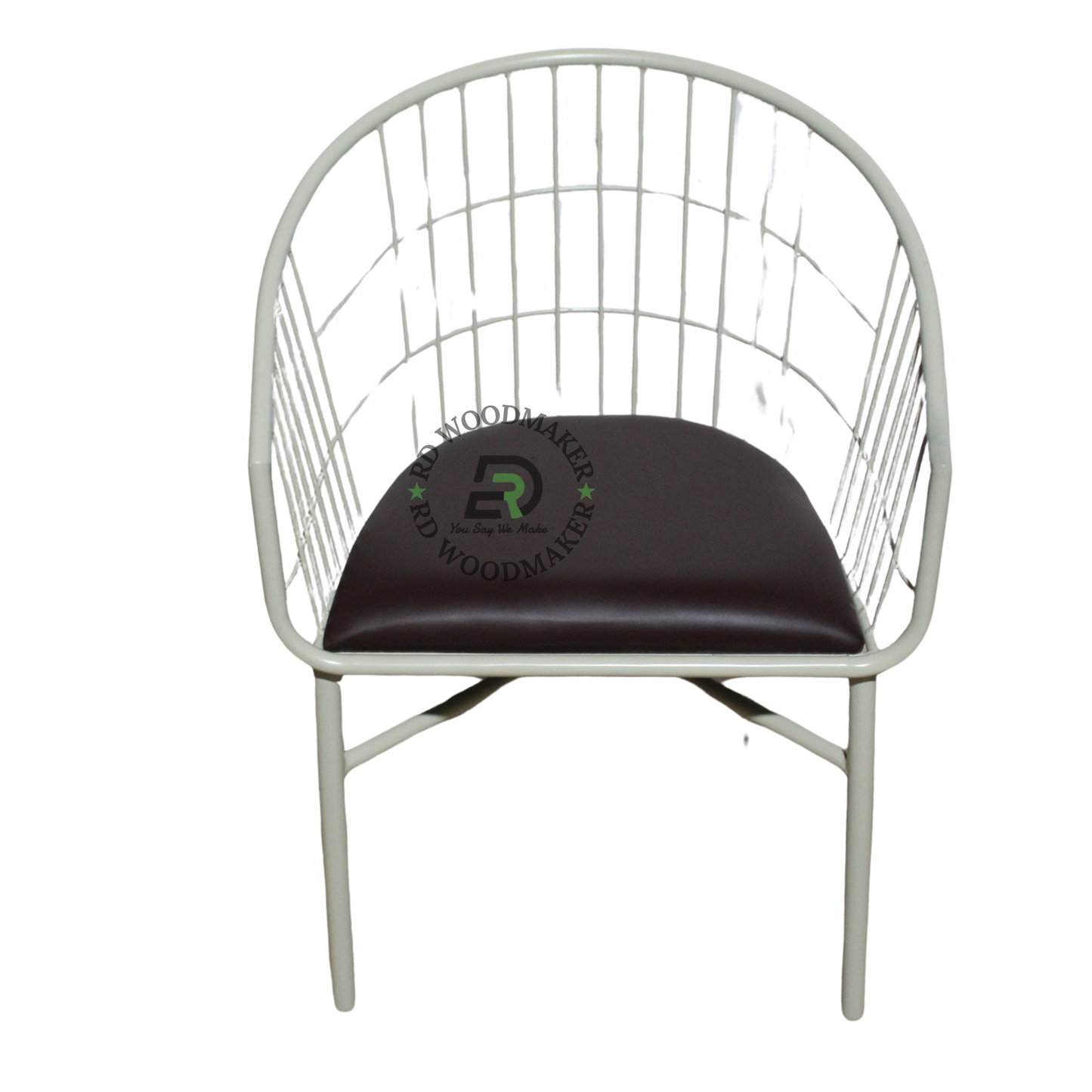 WHITE METAL WIRE TUB ARMCHAIR WITH BROWN CUSHION