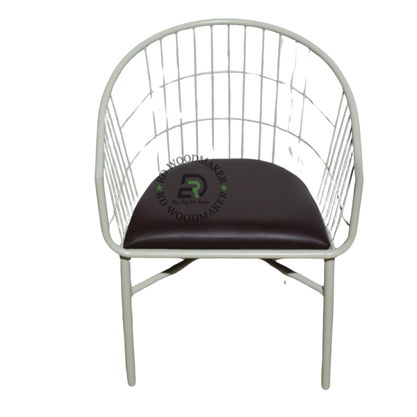WHITE METAL WIRE TUB ARMCHAIR WITH BROWN CUSHION