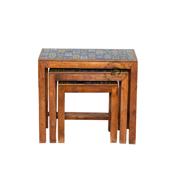 HANDCRAFTED SOLID WOOD NESTING TABLE SET OF 3 WITH CERAMIC TILE TOP