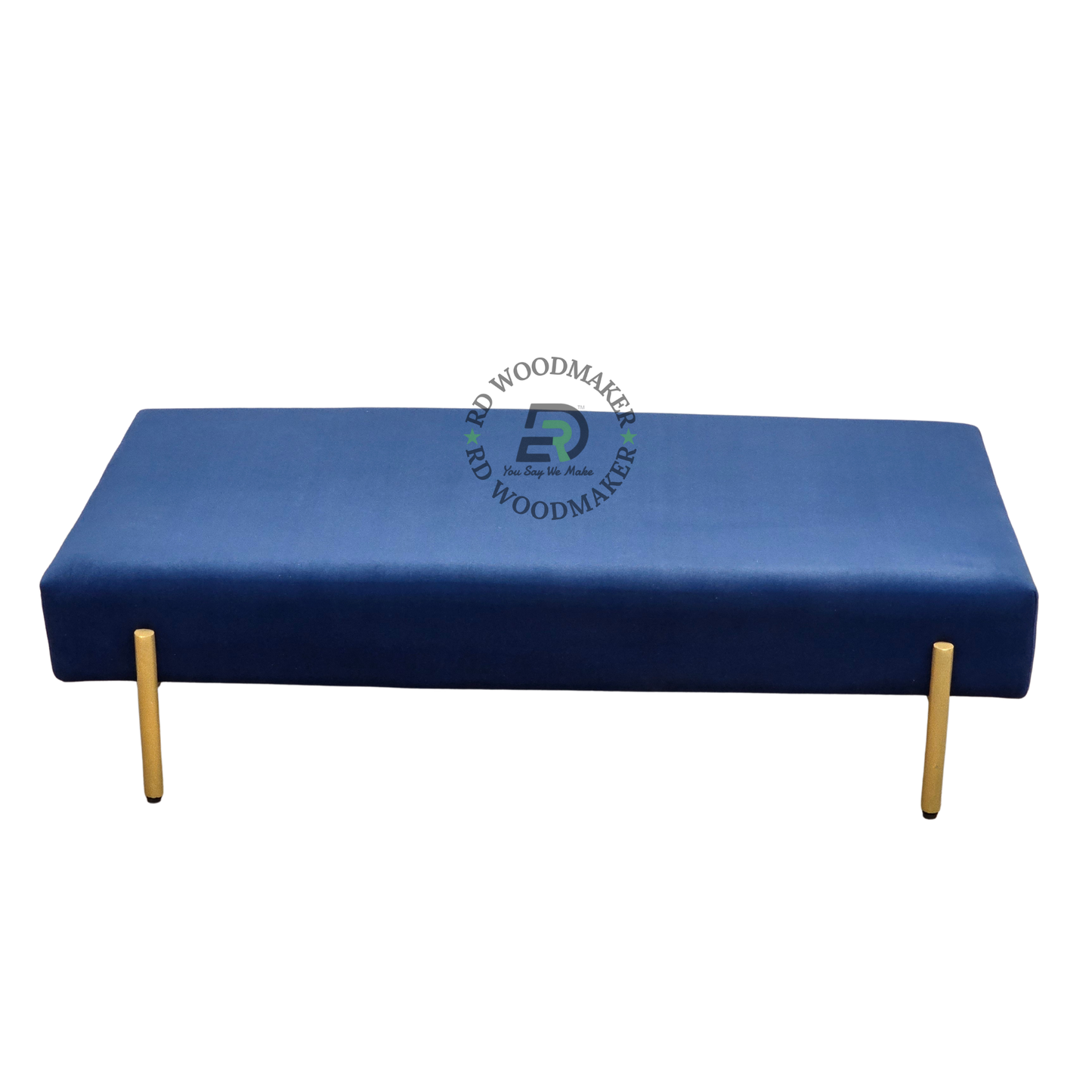PREMIUM NAVY BLUE UPHOLSTERED BENCH OTTOMAN WITH GOLD-TONED LEGS