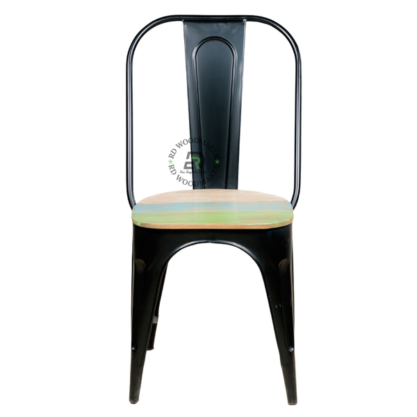 PREMIUM INDUSTRIAL BLACK METAL DINING CHAIR WITH WOODEN SEAT