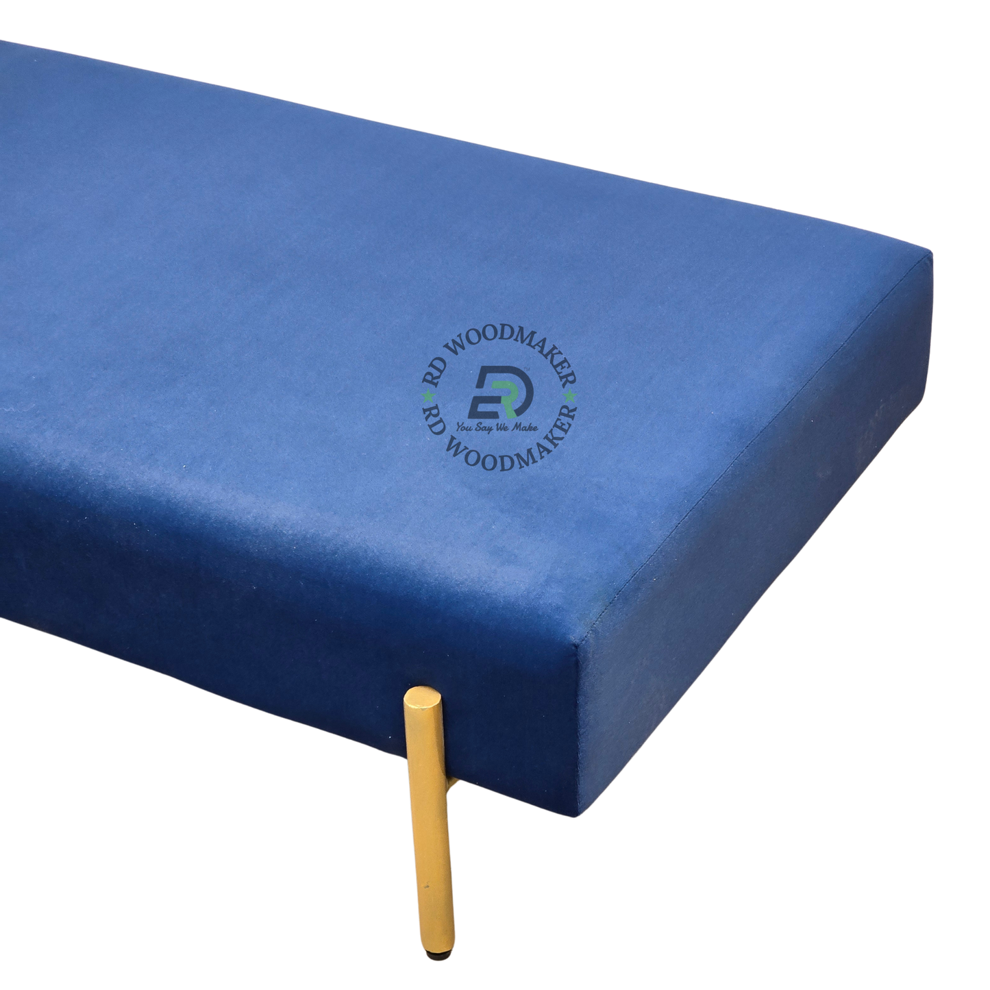 PREMIUM NAVY BLUE UPHOLSTERED BENCH OTTOMAN WITH GOLD-TONED LEGS