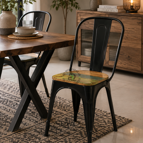 PREMIUM INDUSTRIAL BLACK METAL DINING CHAIR WITH WOODEN SEAT