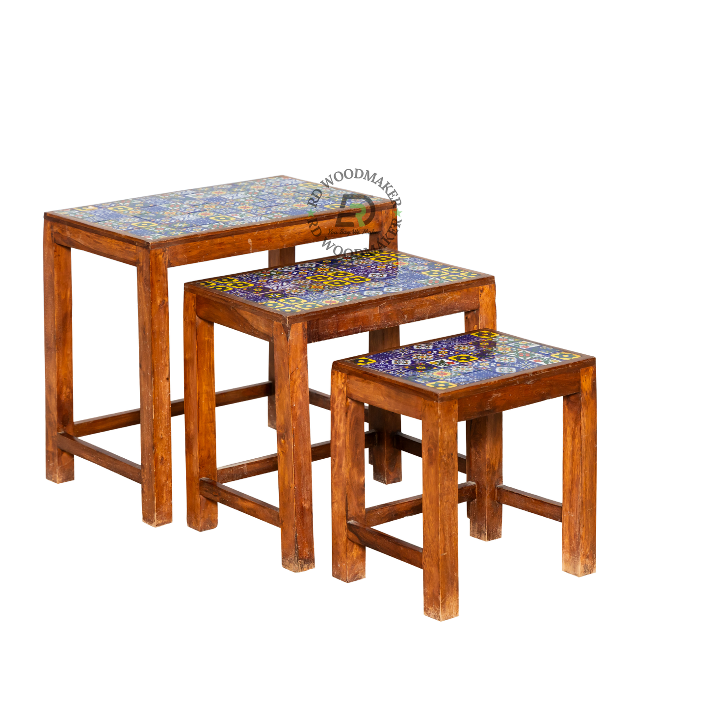 HANDCRAFTED SOLID WOOD NESTING TABLE SET OF 3 WITH CERAMIC TILE TOP