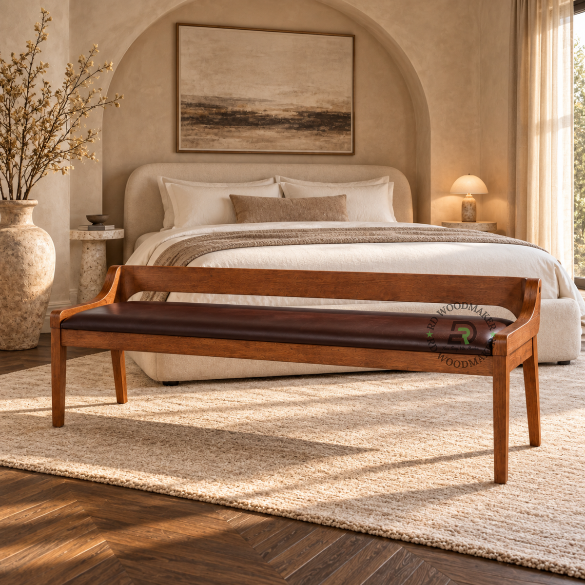 ELARA UPHOLSTERED SOLID WOOD BENCH WITH CURVED BACKREST