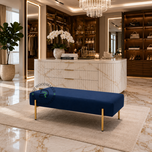 PREMIUM NAVY BLUE UPHOLSTERED BENCH OTTOMAN WITH GOLD-TONED LEGS