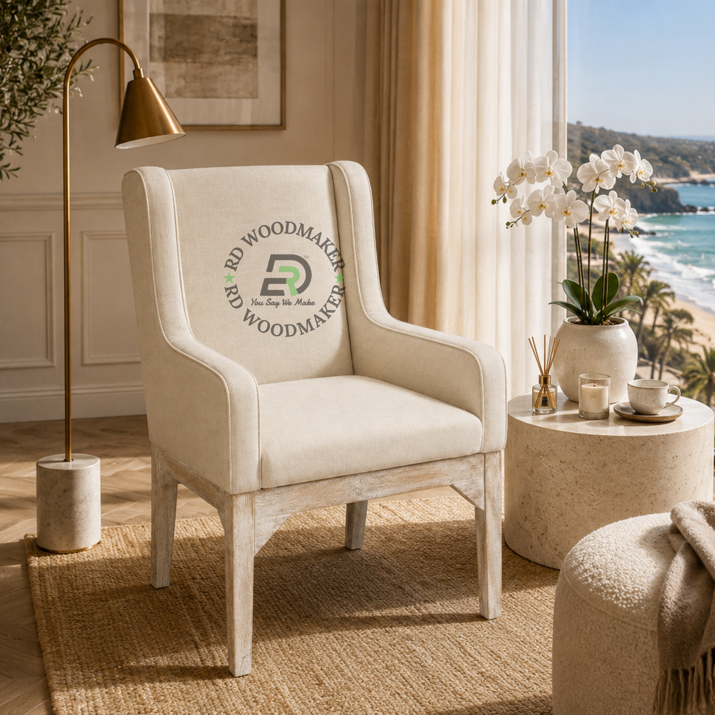 IVORY UPHOLSTERED WINGBACK DINING ARMCHAIR