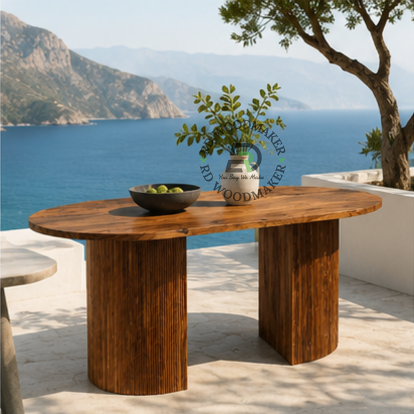 OVAL WOODEN DINING TABLE WITH DOUBLE FLUTED PEDESTAL BASE