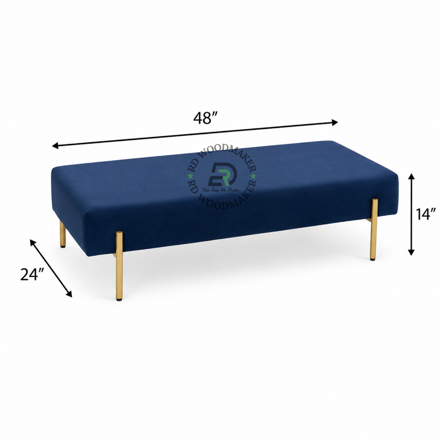 PREMIUM NAVY BLUE UPHOLSTERED BENCH OTTOMAN WITH GOLD-TONED LEGS