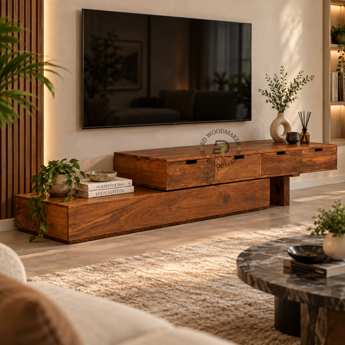 VELORA ASYMMETRIC SOLID WOOD TV UNIT WITH 4 DRAWERS