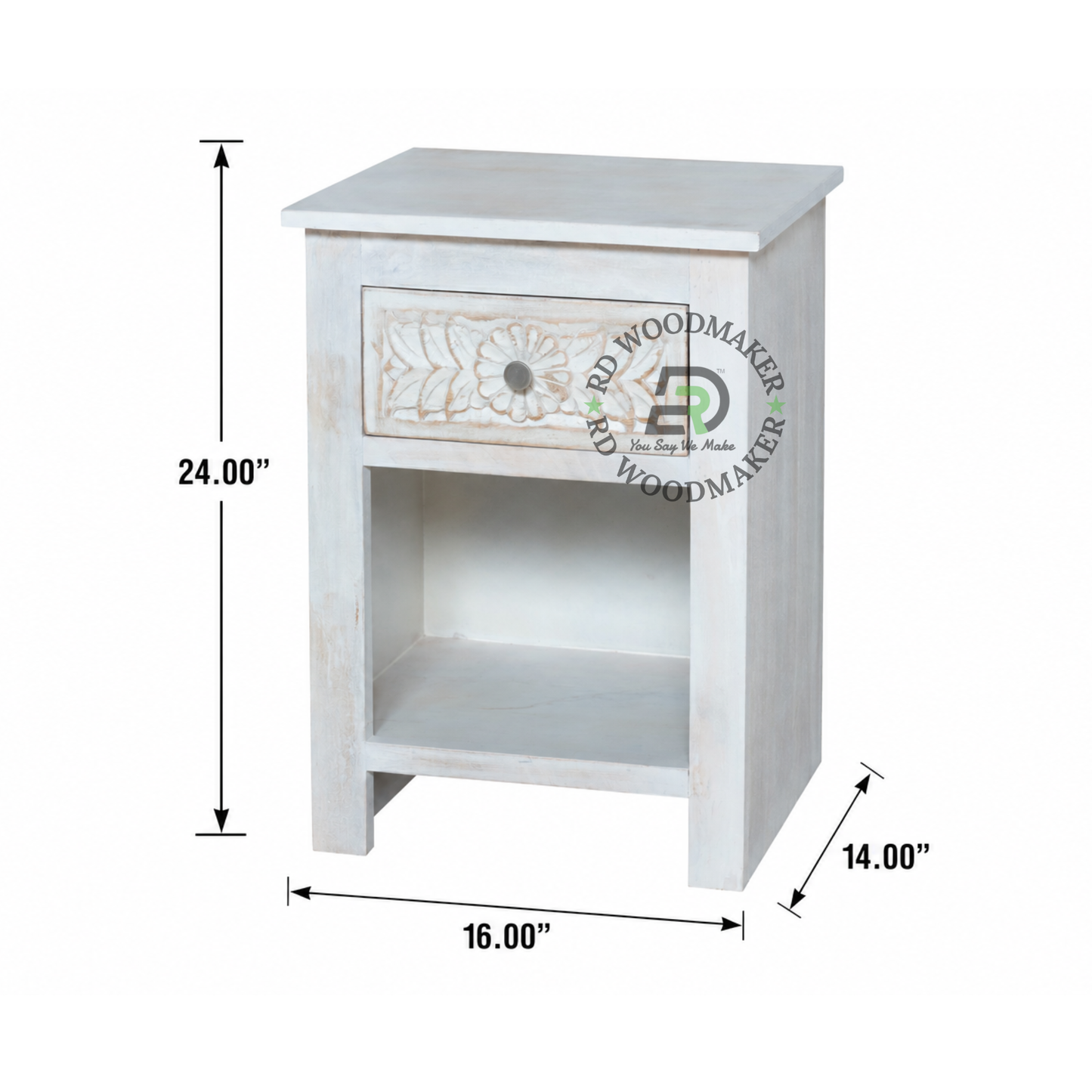 FLORAL CARVED WHITE WOOD BEDSIDE TABLE
