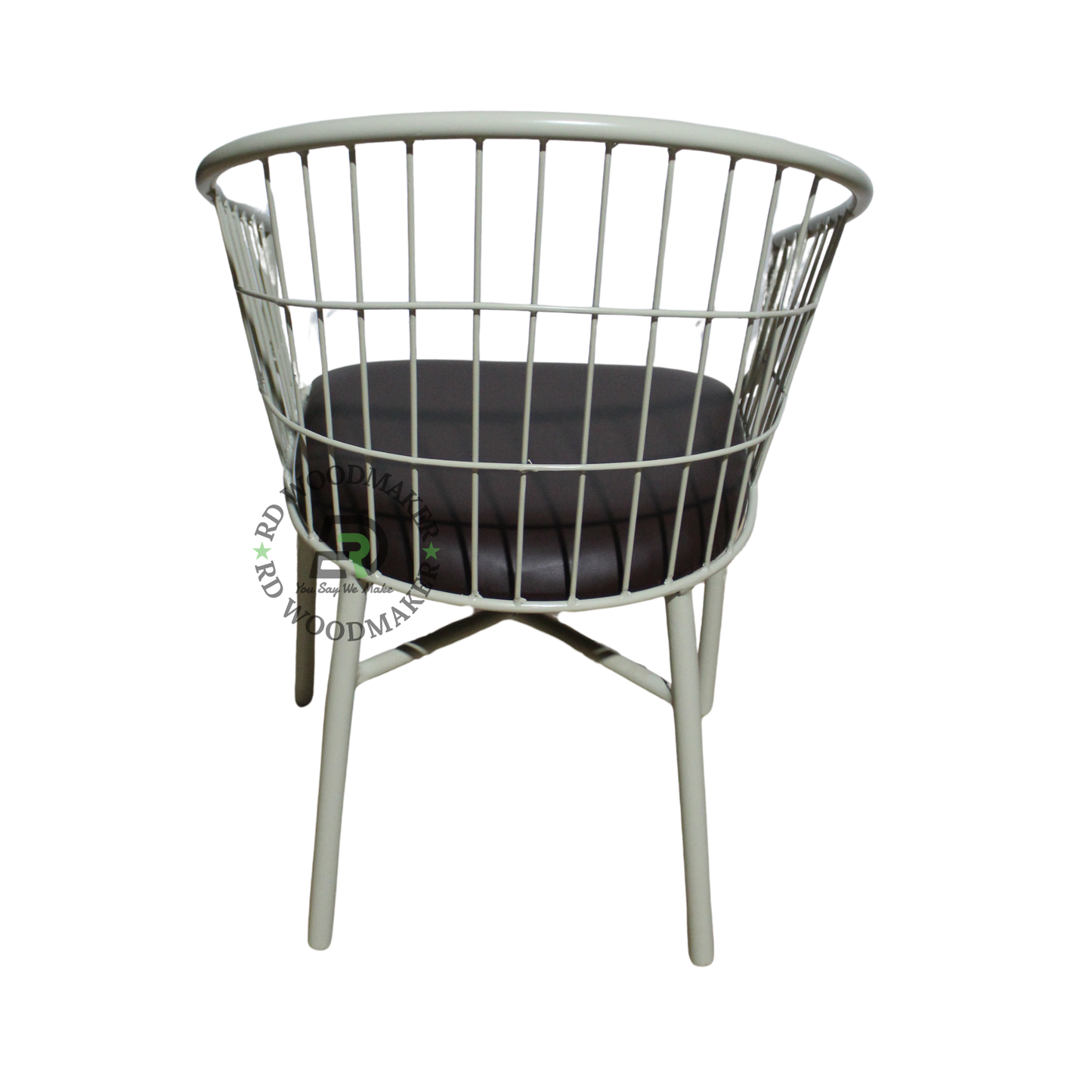 WHITE METAL WIRE TUB ARMCHAIR WITH BROWN CUSHION
