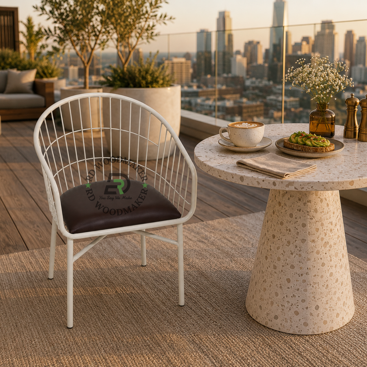 WHITE METAL WIRE TUB ARMCHAIR WITH BROWN CUSHION