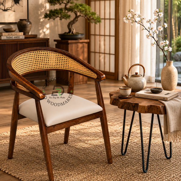 PREMIUM CANE BACK WOODEN ARMCHAIR WITH BEIGE CUSHION