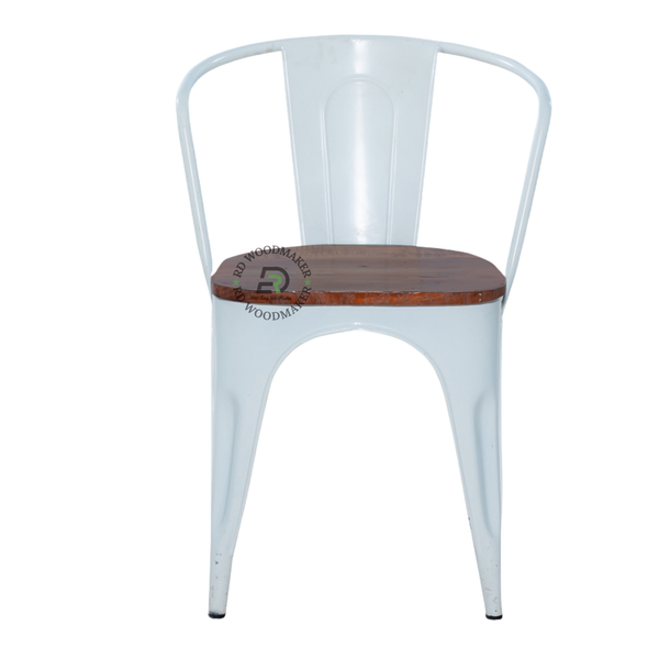 PREMIUM WHITE INDUSTRIAL METAL DINING CHAIR WITH SOLID WOOD SEAT